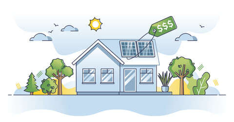 Cabin with price tag and solar panels illustrated